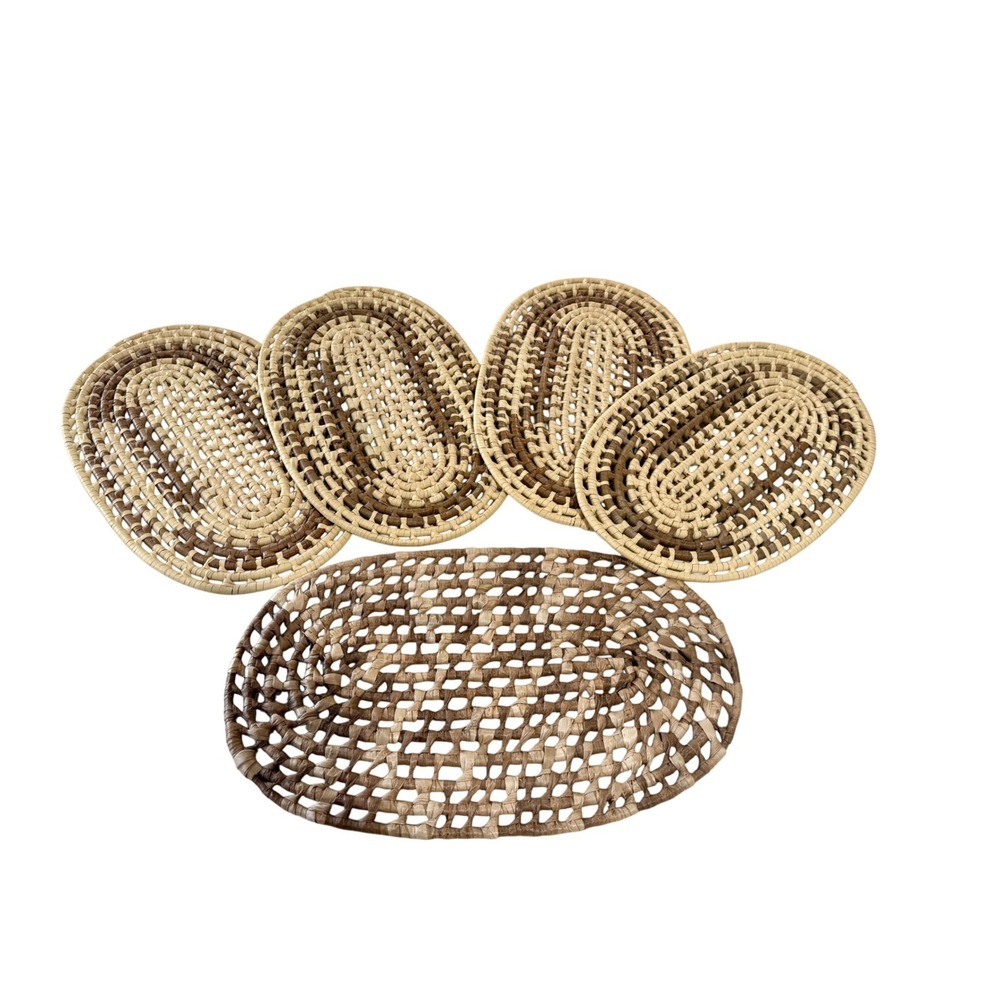 Vintage Woven Natural Fiber Oval Placemats &‎ Charger 5 Piece Set Brown Tan Boho